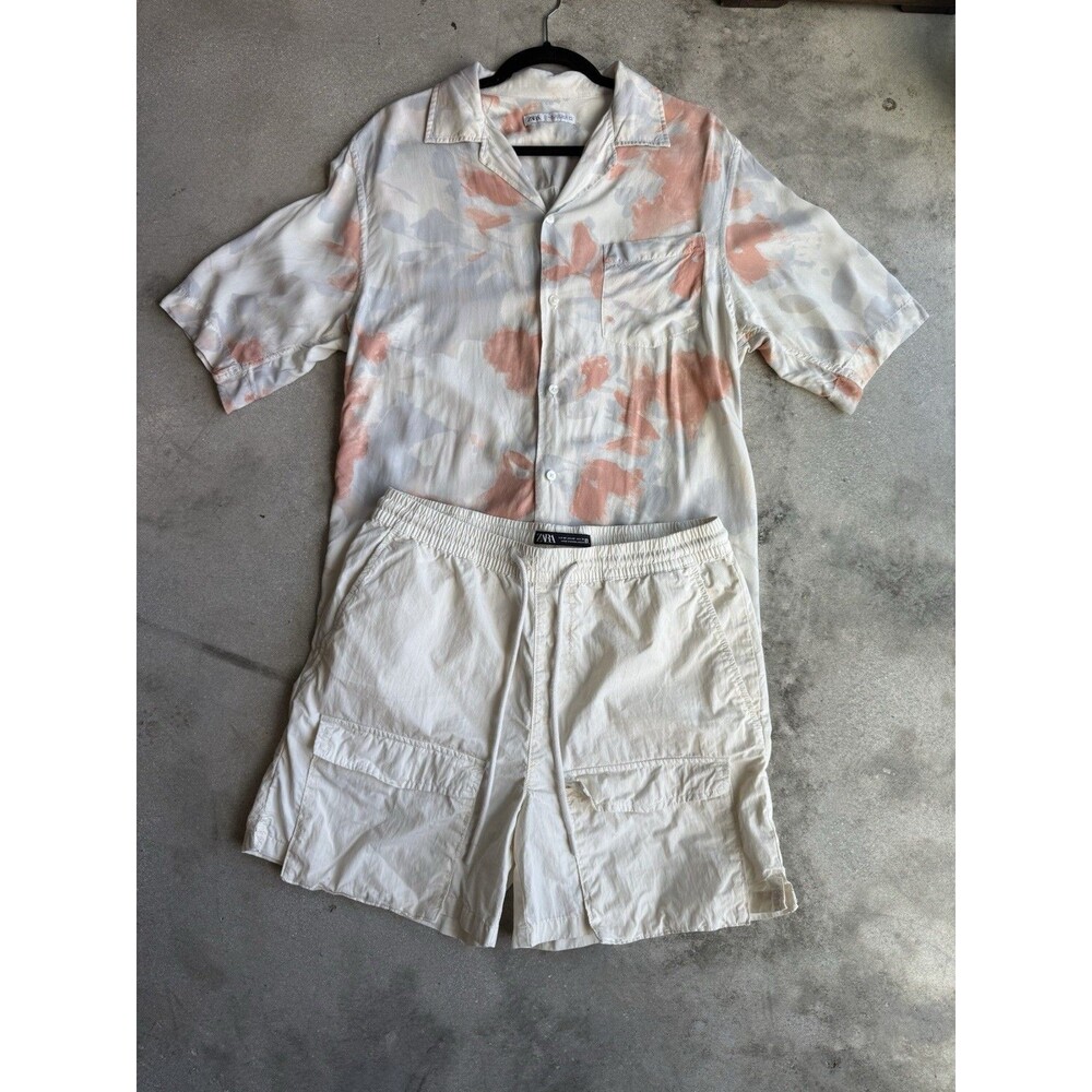 Zara Men’s Resort Outfit Bundle Size M Floral Shirt Ivory Cargo Shorts